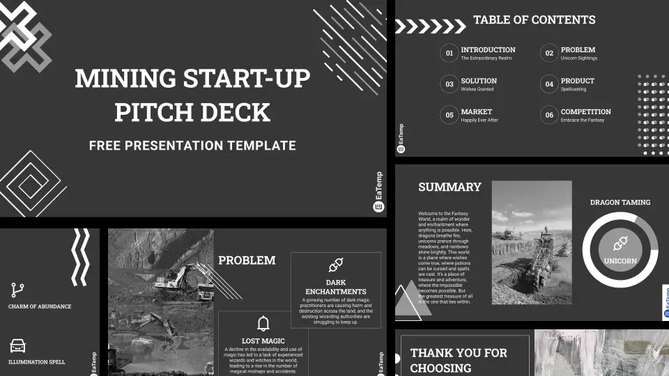 Mining Start-up Pitch Deck Presentation - Cover with Table of Contents, Summary, Problems slides